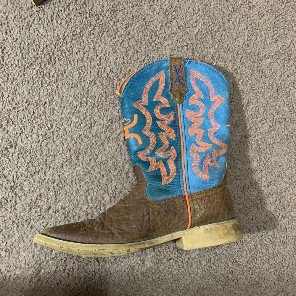Twisted X YHY0001 Brown Blue Leather Neon Stitching Cowboy Boot Youth Size 4M